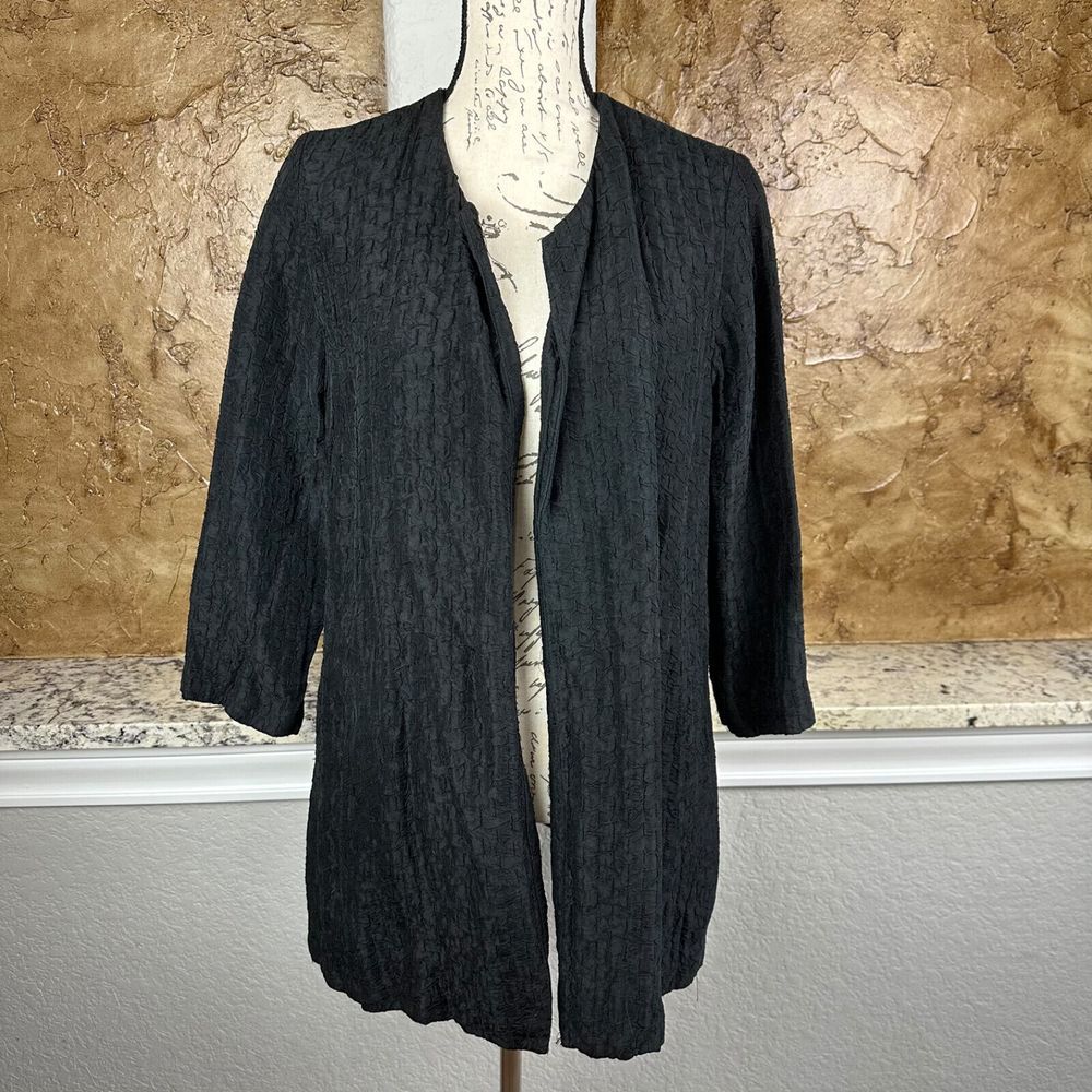 Eileen Fisher Open Front Jacket Women's Small Silk Linen Crinkle Black